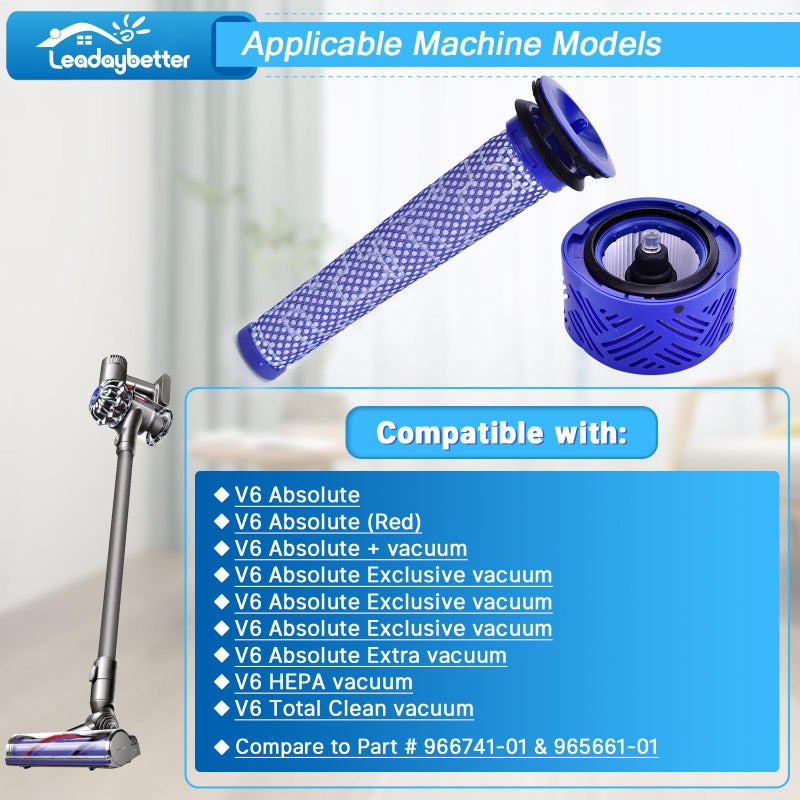 Leadaybetter V6 Filters Replacement for Dyson Absolute Total Clean Cordless Stick Vacuum, 2 Pack Post HEPA and Pre Filter Replacements, Compare to Part # 966741-01 & 965661-01 - Image 2